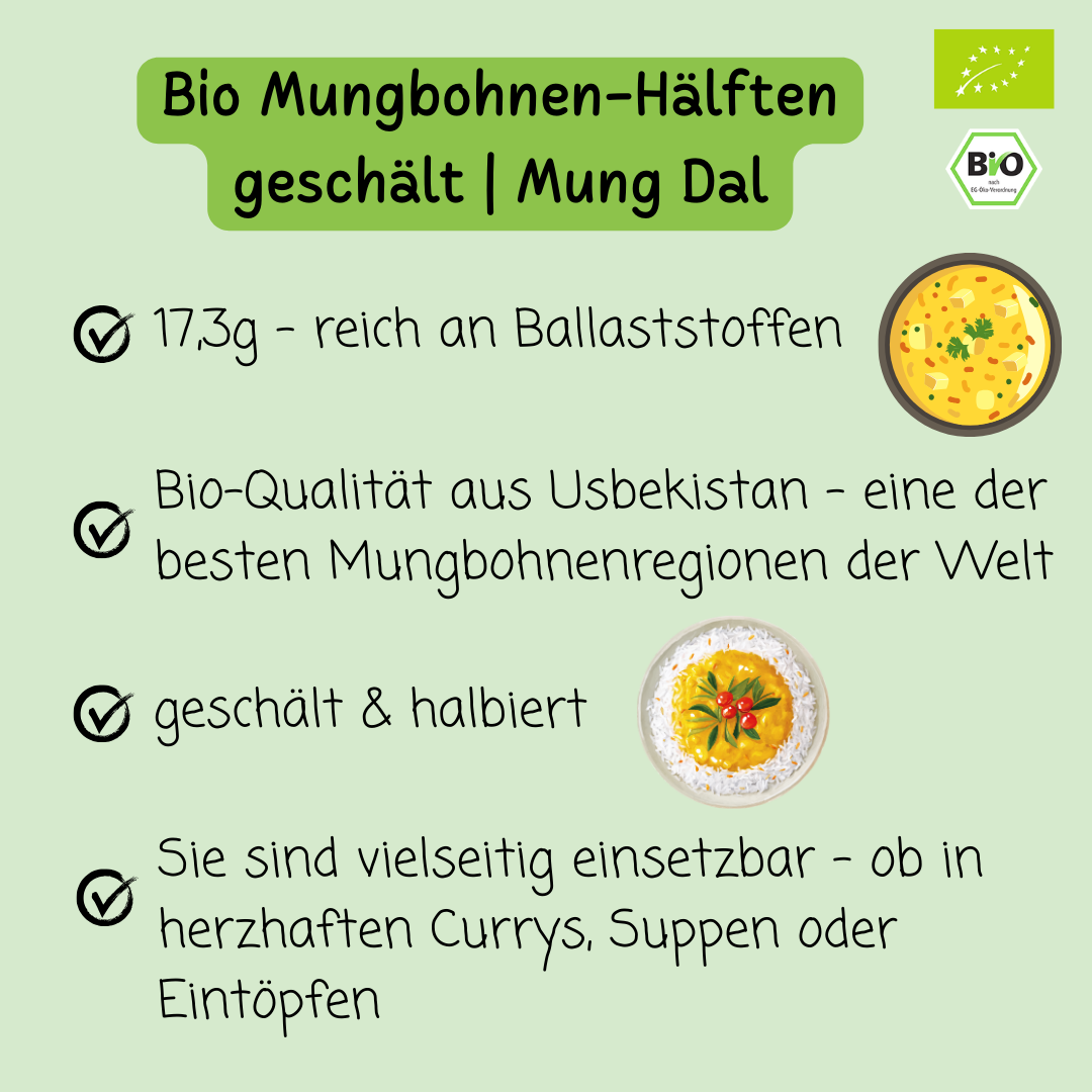 Bio Mungbohnen-Hälften | geschält | Mung Dal