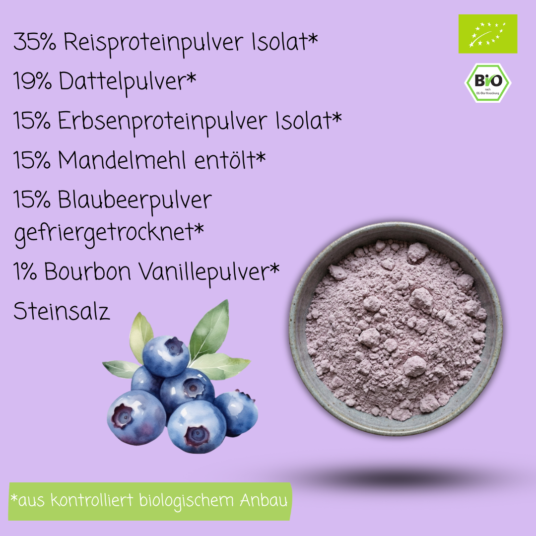 Bio Proteinpulver | "Blueberry-Boost" | Vegan & 52% Protein | mit Dattelsüße