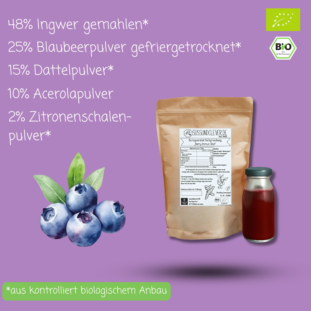 Bio Ingwershot Fertigmischung | "Berry Immun Shot" | mit Blaubeerenpulver & Acerola | 40 Shots