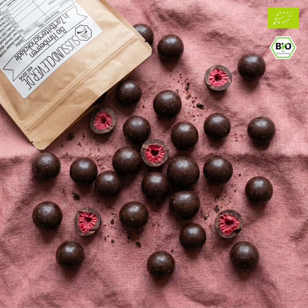 Bio Himbeeren in Zartbitterschokolade | vegan | mit gefriergetrockneten Himbeeren