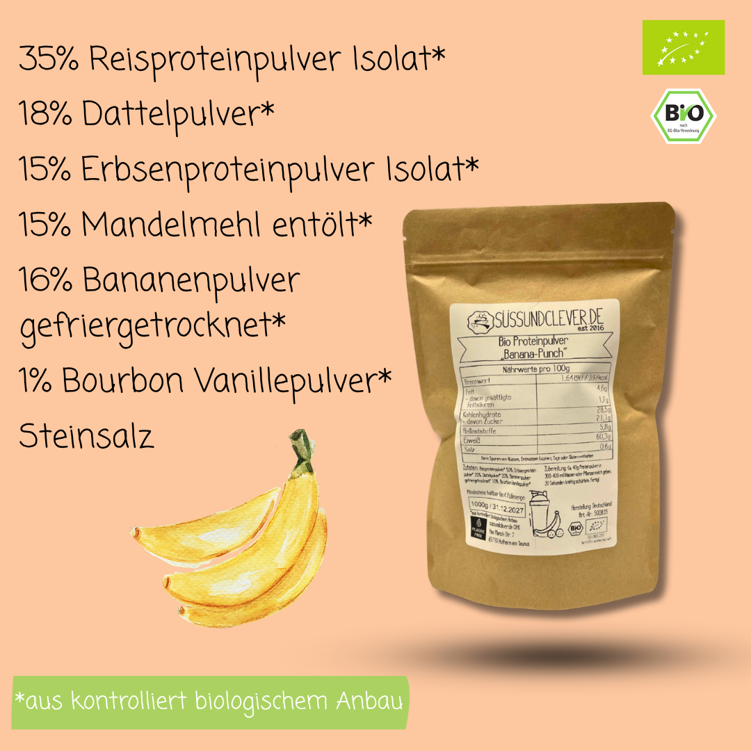 Bio Proteinpulver | "Banana-Punch" | Vegan & 52% Protein | mit Dattelsüße