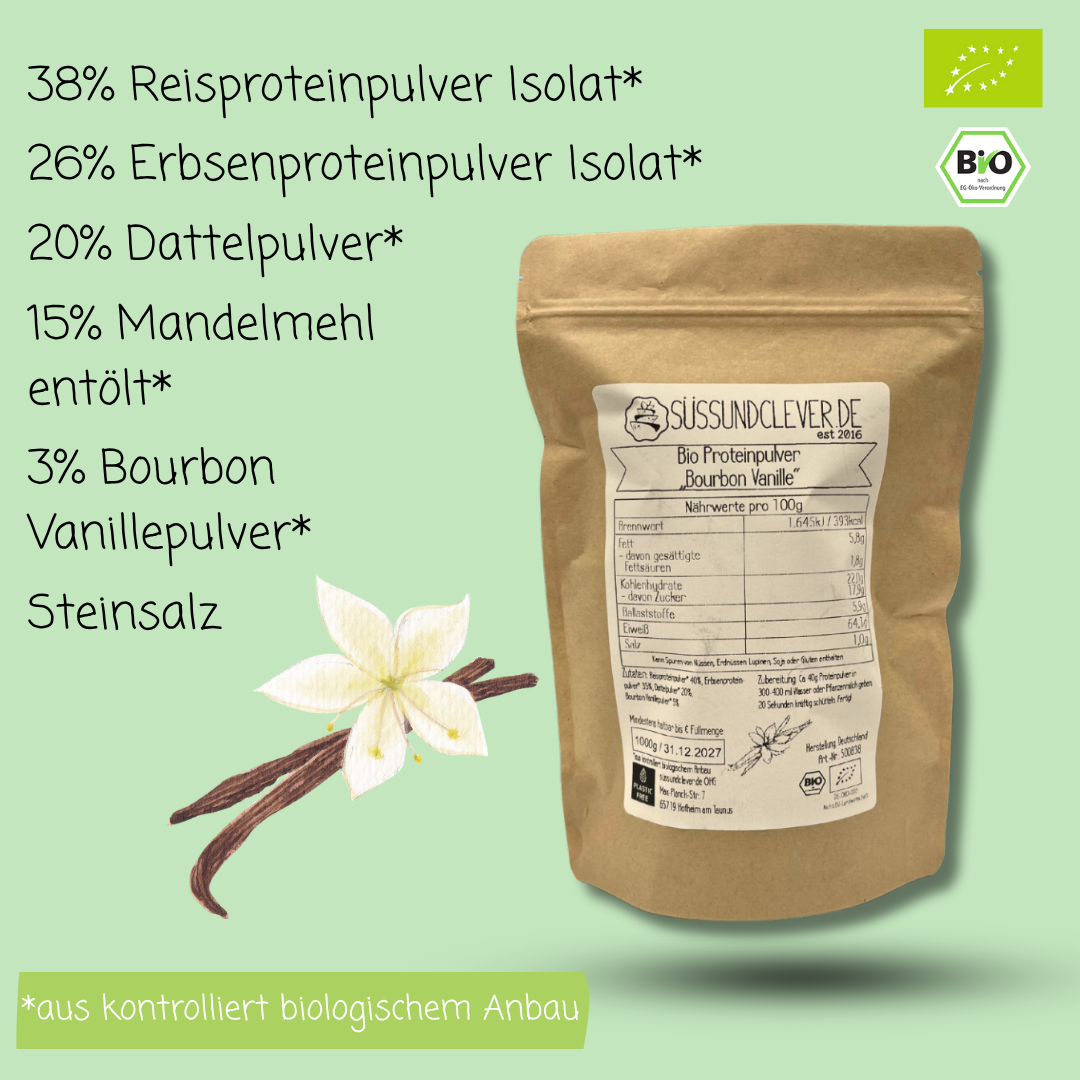 Bio Proteinpulver | "Bourbon Vanille" | Vegan & 62% Protein | mit Dattelsüße