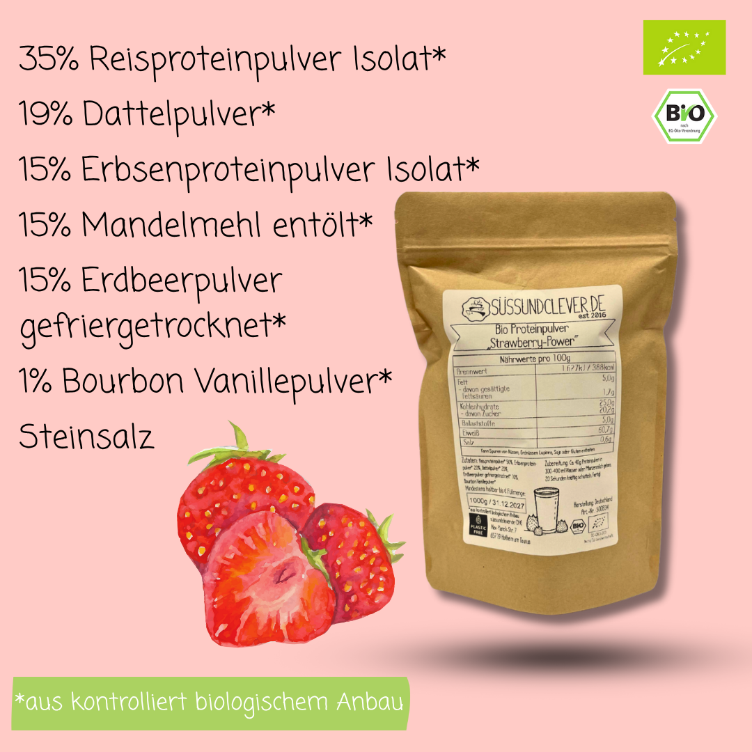 Bio Proteinpulver | "Strawberry-Power" | Vegan & 52% Protein | mit Dattelsüße