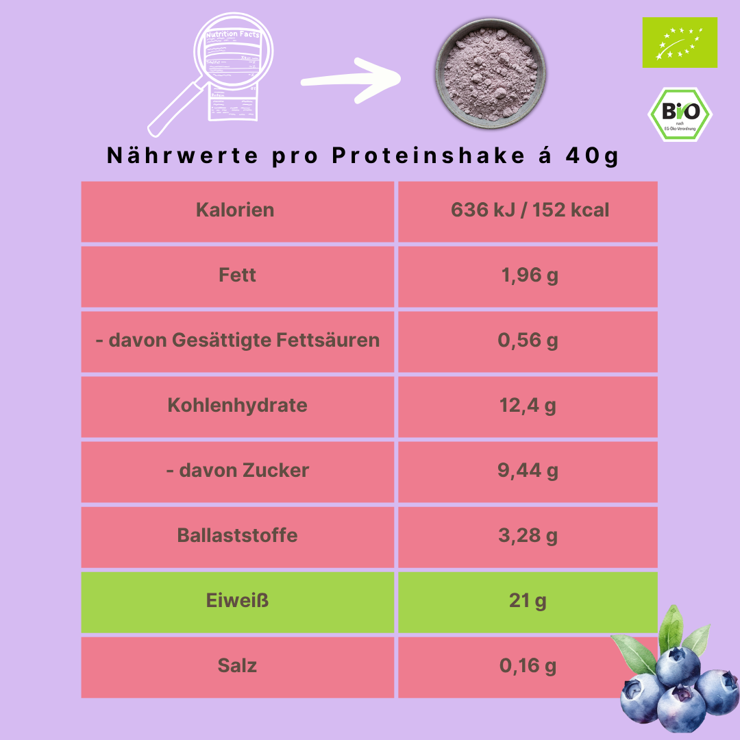 Bio Proteinpulver | "Blueberry-Boost" | Vegan & 52% Protein | mit Dattelsüße