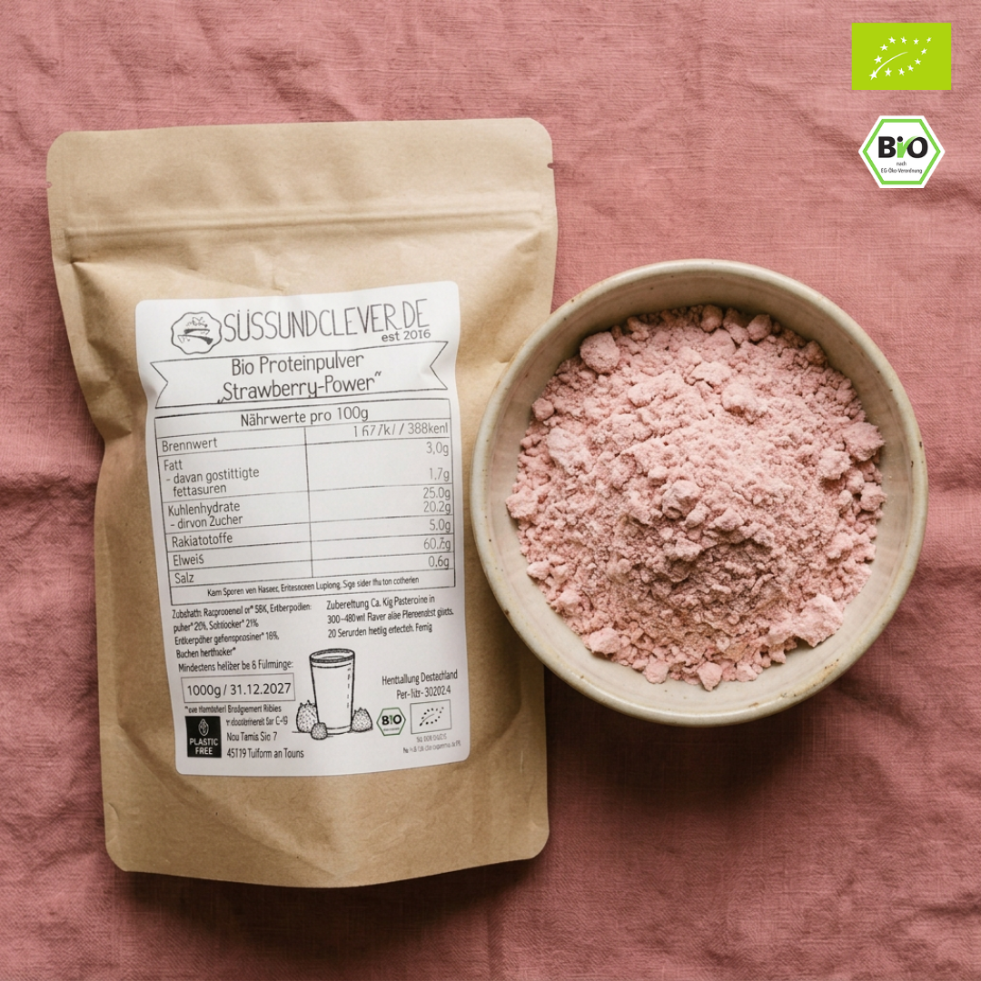 Bio Proteinpulver | "Strawberry-Power" | Vegan & 52% Protein | mit Dattelsüße