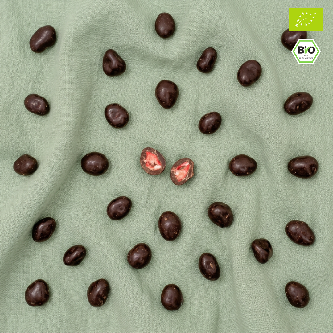 Bio Erdbeeren in Zartbitterschokolade | vegan | mit gefriergetrockneten Erdbeeren