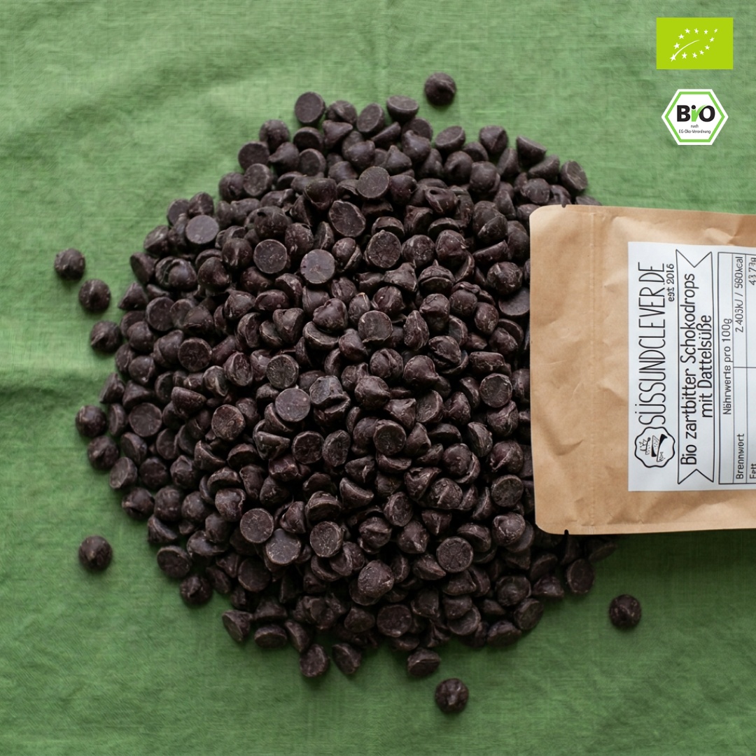 Bio zartbitter Schokodrops mit Dattelsüße | 70% Kakaoanteil | Ohne Zuckerzusatz | Vegan