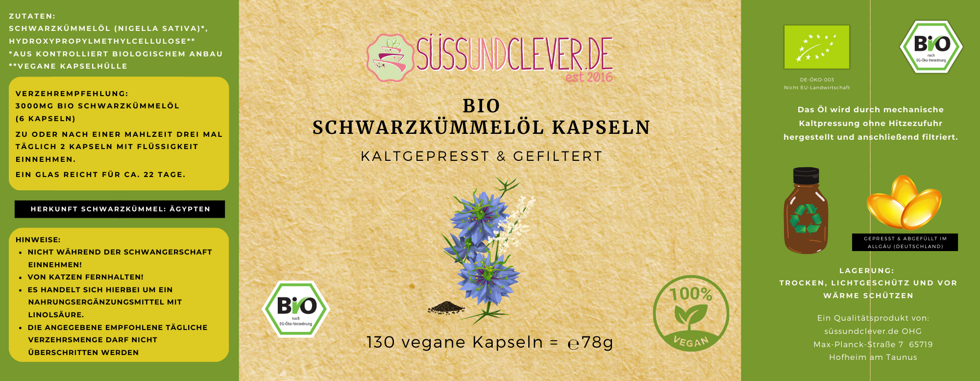 Bio Schwarzkümmelöl Kapseln | kaltgepresst | vegan | 130 vegane Kapseln