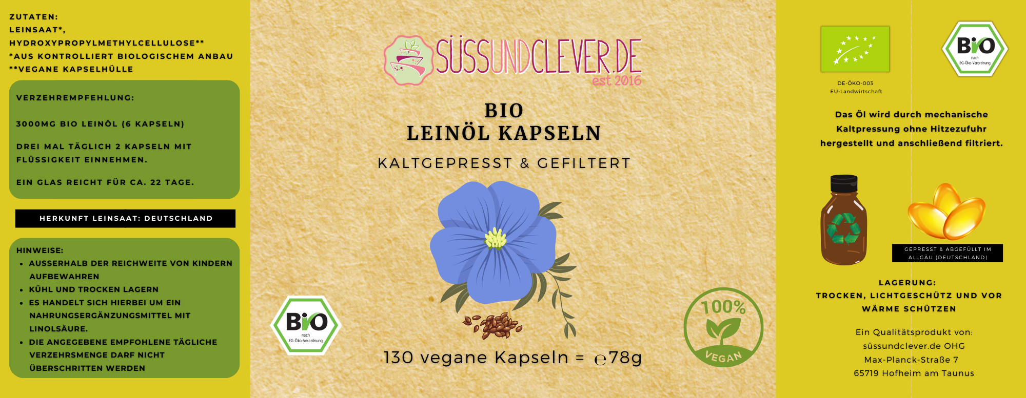 Bio Leinöl Kapseln | kaltgepresst | vegan | 130 vegane Kapseln