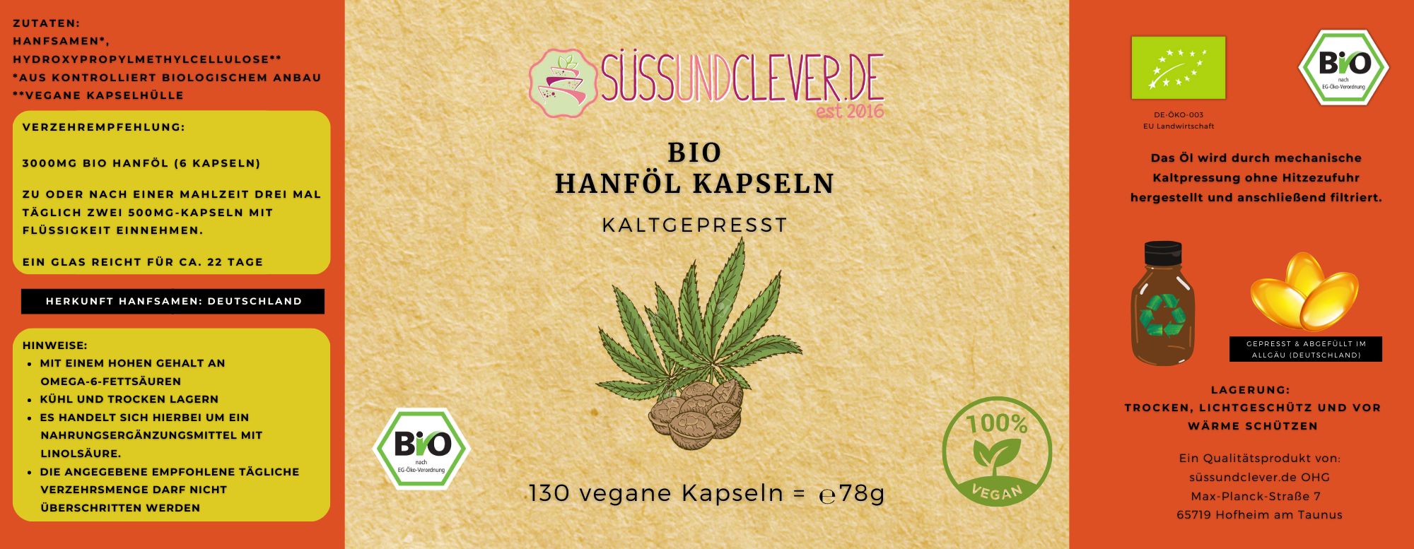 Bio Hanföl Kapseln | kaltgepresst | vegan | 130 vegane Kapseln