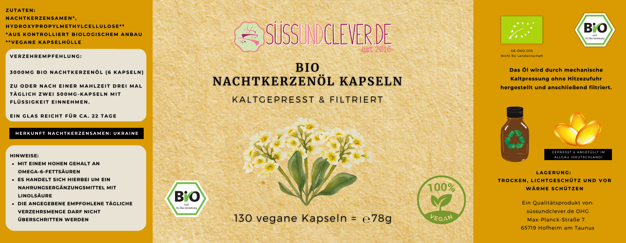 Bio Nachtkerzenöl Kapseln | kaltgepresst | vegan | 130 vegane Kapseln