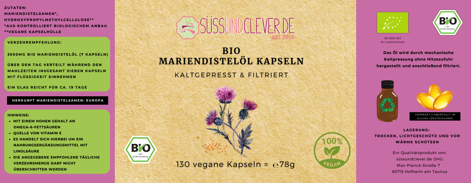 Bio Mariendistelöl Kapseln | kaltgepresst | vegan | 130 vegane Kapseln