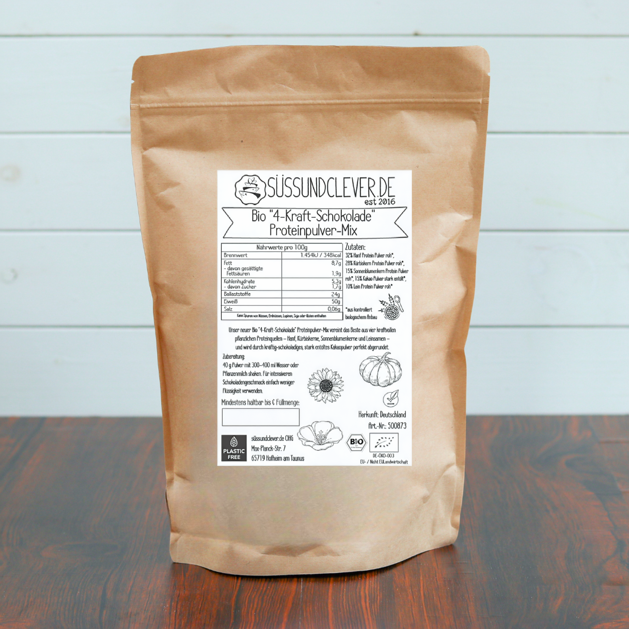 Bio "4-Kraft-SCHOKOLADE" Proteinpulver-Mix | 50% Protein | Hanf-, Kürbiskern-, Sonnenblumen- & Leinprotein | vegan