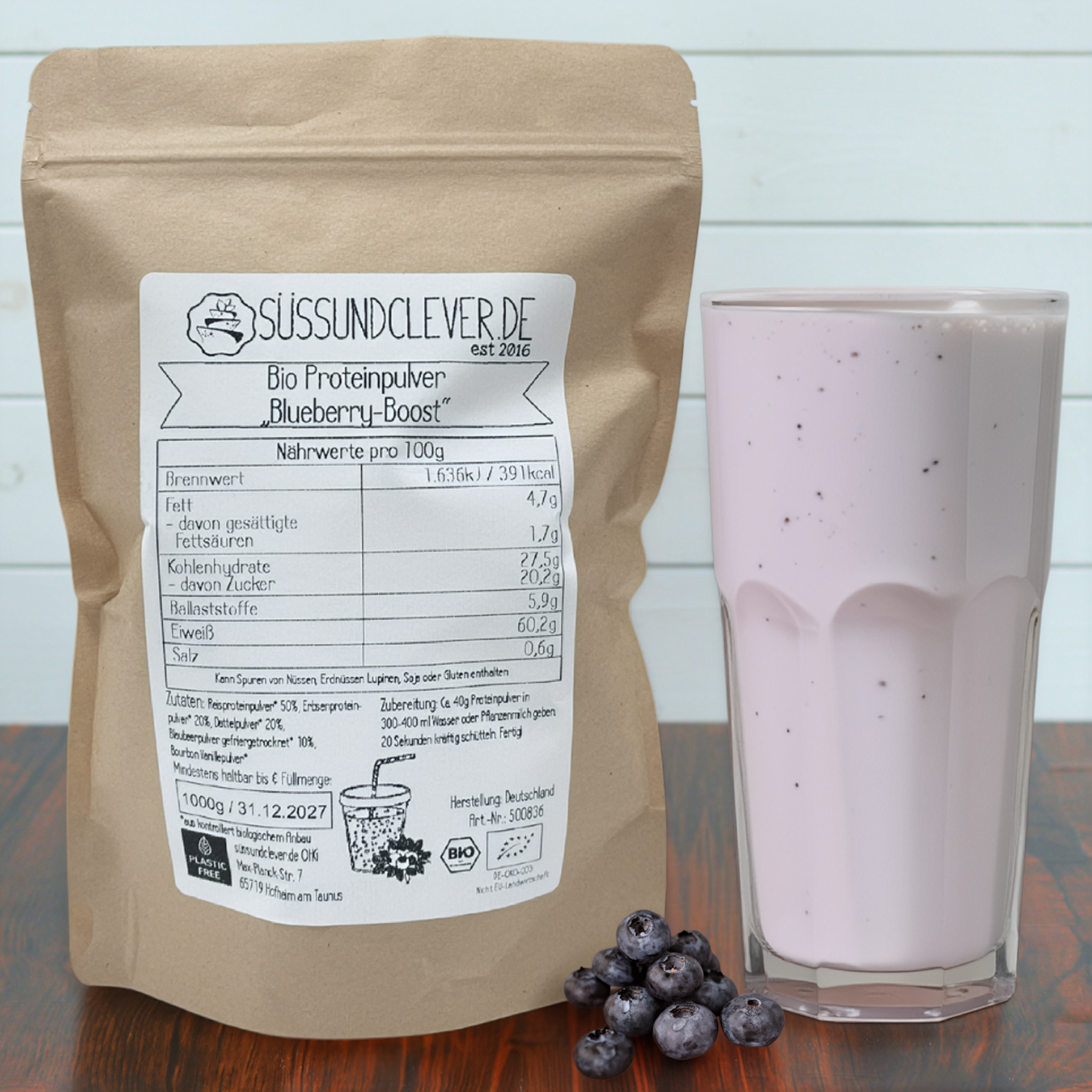 Bio Proteinpulver | "Blueberry-Boost" | Vegan & 52% Protein | mit Dattelsüße