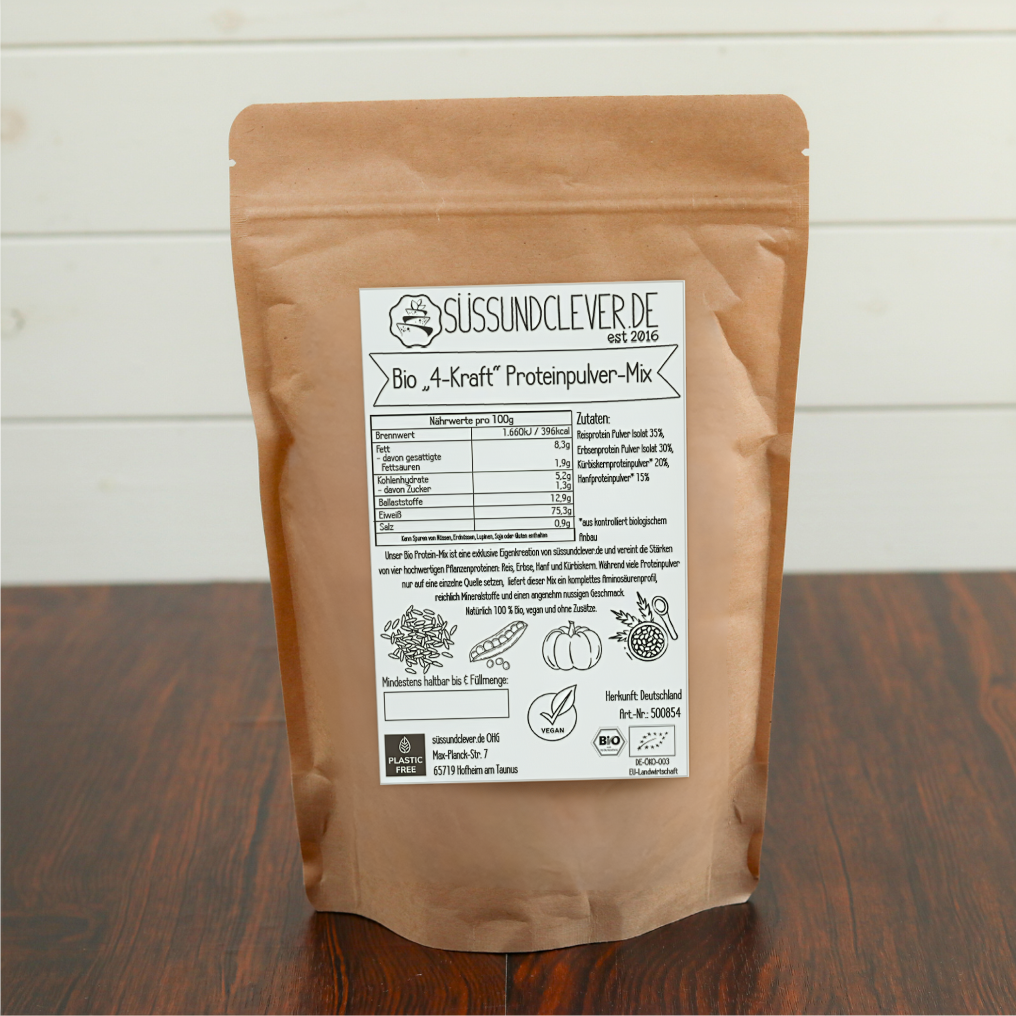 Bio "4-Kraft" Proteinpulver-Mix | Reis-, Erbse-, Hanf- & Kürbiskernprotein | vegan & 75% Protein