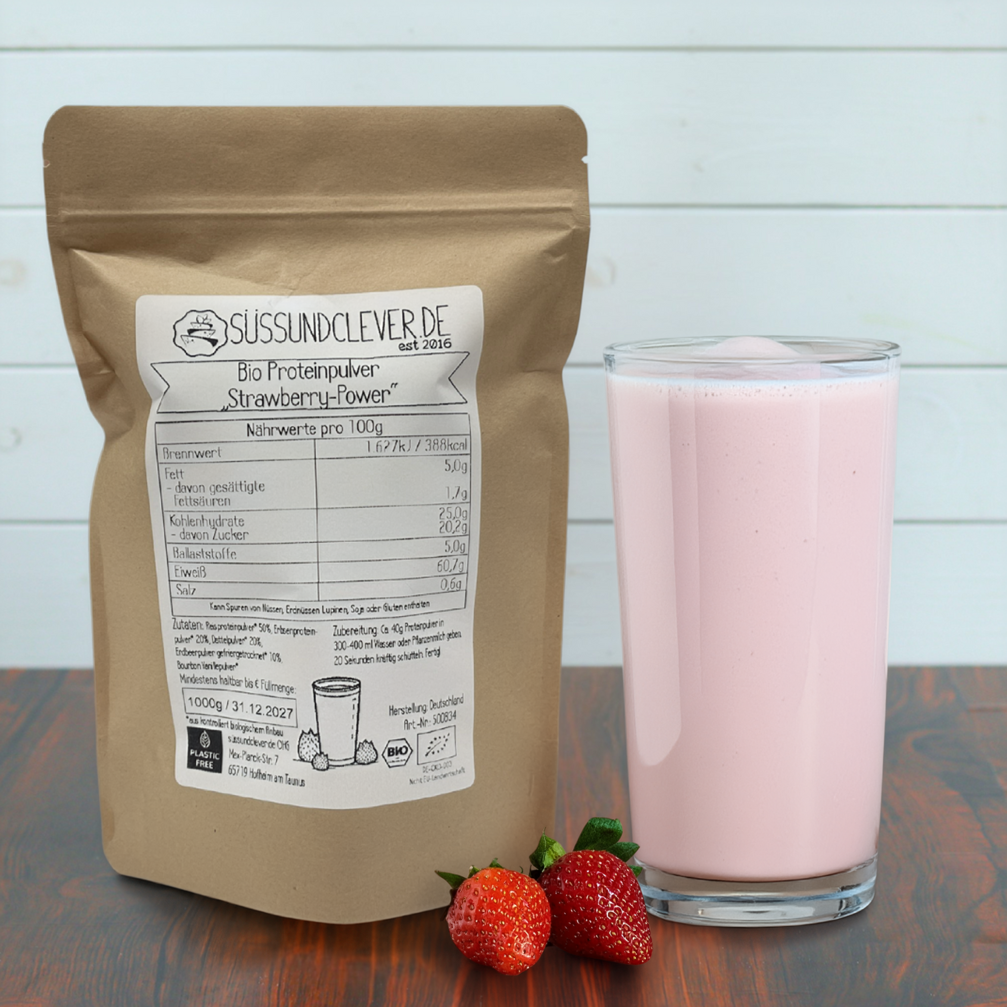 Bio Proteinpulver | "Strawberry-Power" | Vegan & 52% Protein | mit Dattelsüße