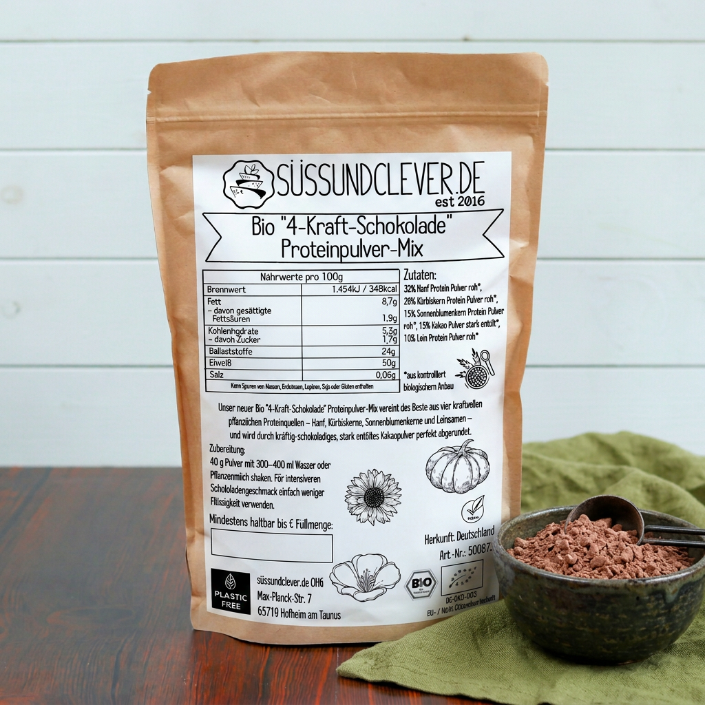 Bio "4-Kraft-SCHOKOLADE" Proteinpulver-Mix | 50% Protein | Hanf-, Kürbiskern-, Sonnenblumen- & Leinprotein | vegan