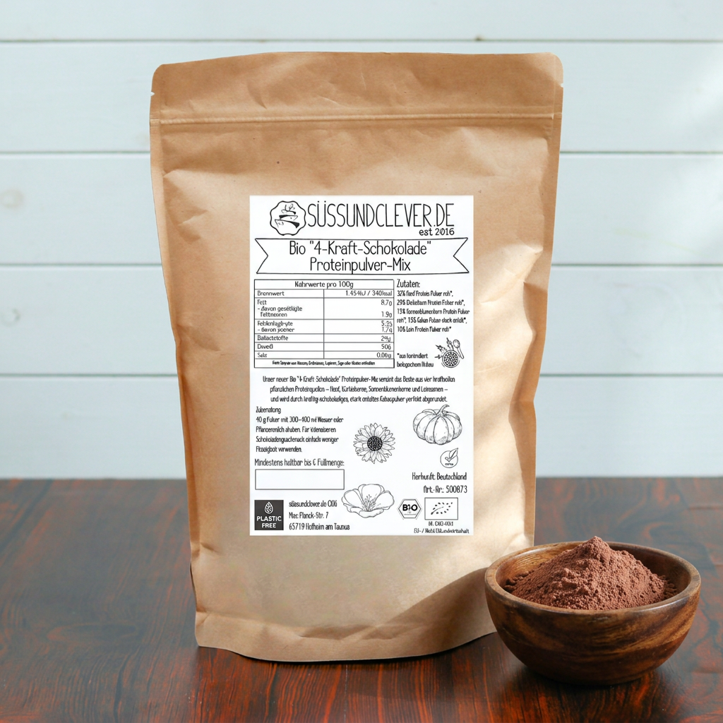 Bio "4-Kraft-SCHOKOLADE" Proteinpulver-Mix | 50% Protein | Hanf-, Kürbiskern-, Sonnenblumen- & Leinprotein | vegan