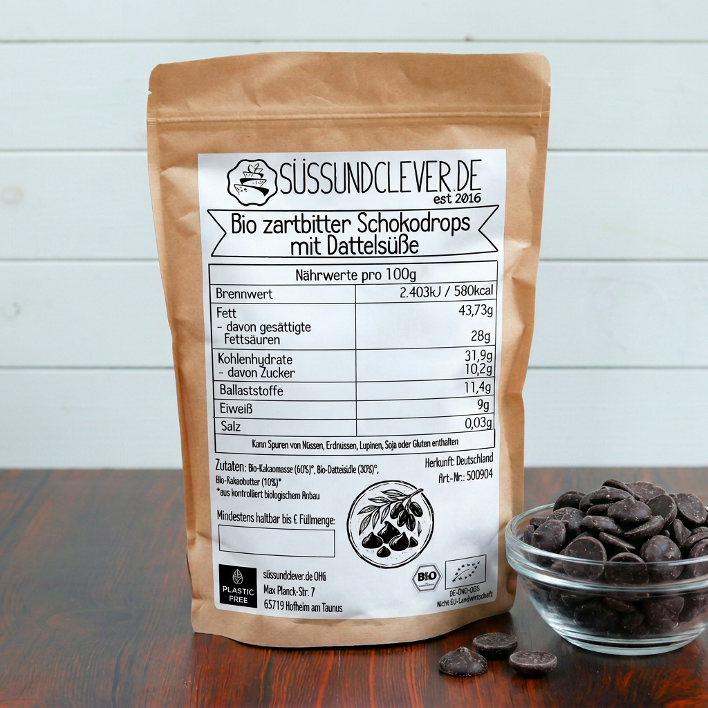 Bio zartbitter Schokodrops mit Dattelsüße | 70% Kakaoanteil | Ohne Zuckerzusatz | Vegan