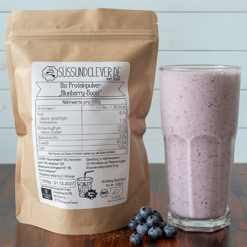 Bio Proteinpulver | "Blueberry-Boost" | Vegan & 52% Protein | mit Dattelsüße