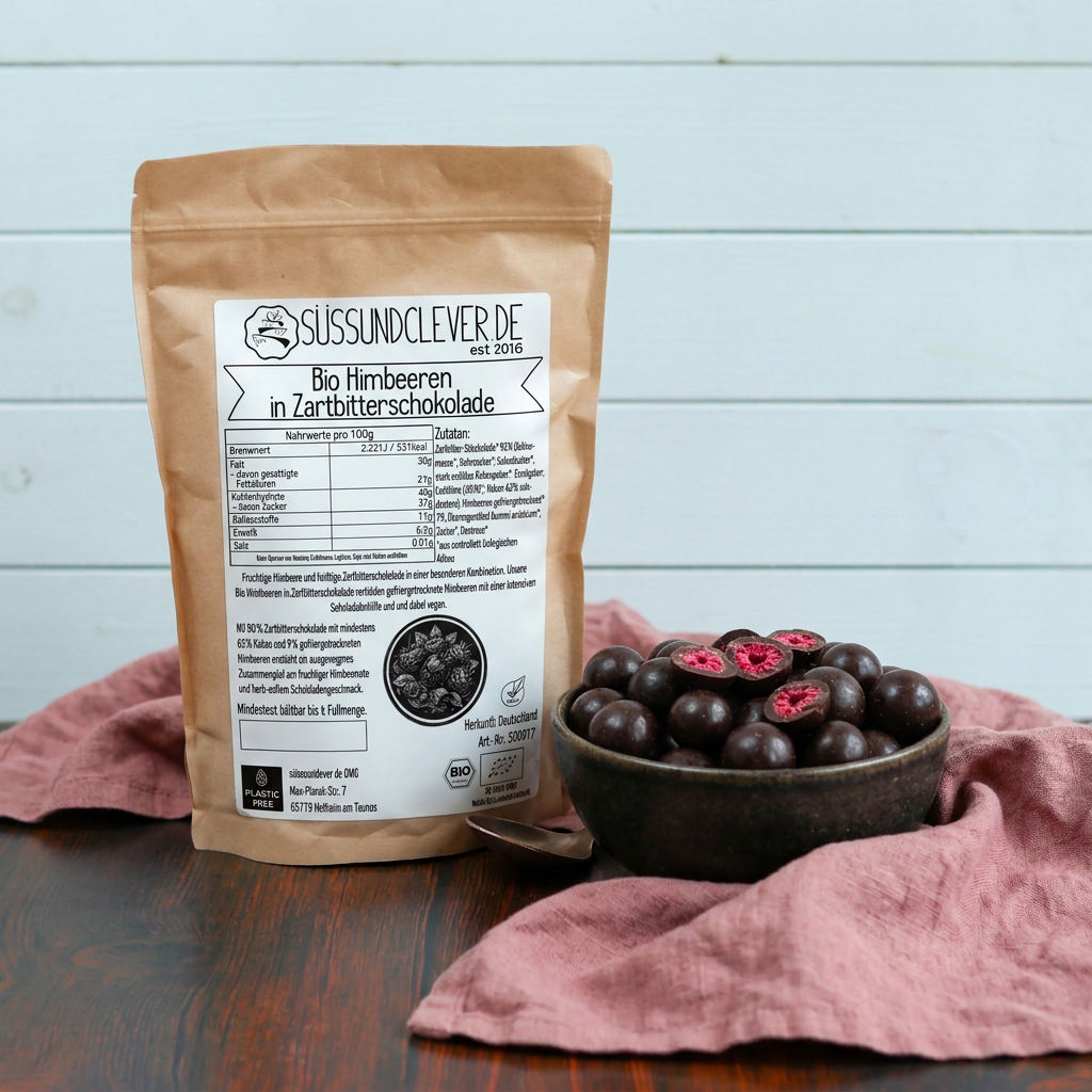Bio Himbeeren in Zartbitterschokolade | vegan | mit gefriergetrockneten Himbeeren