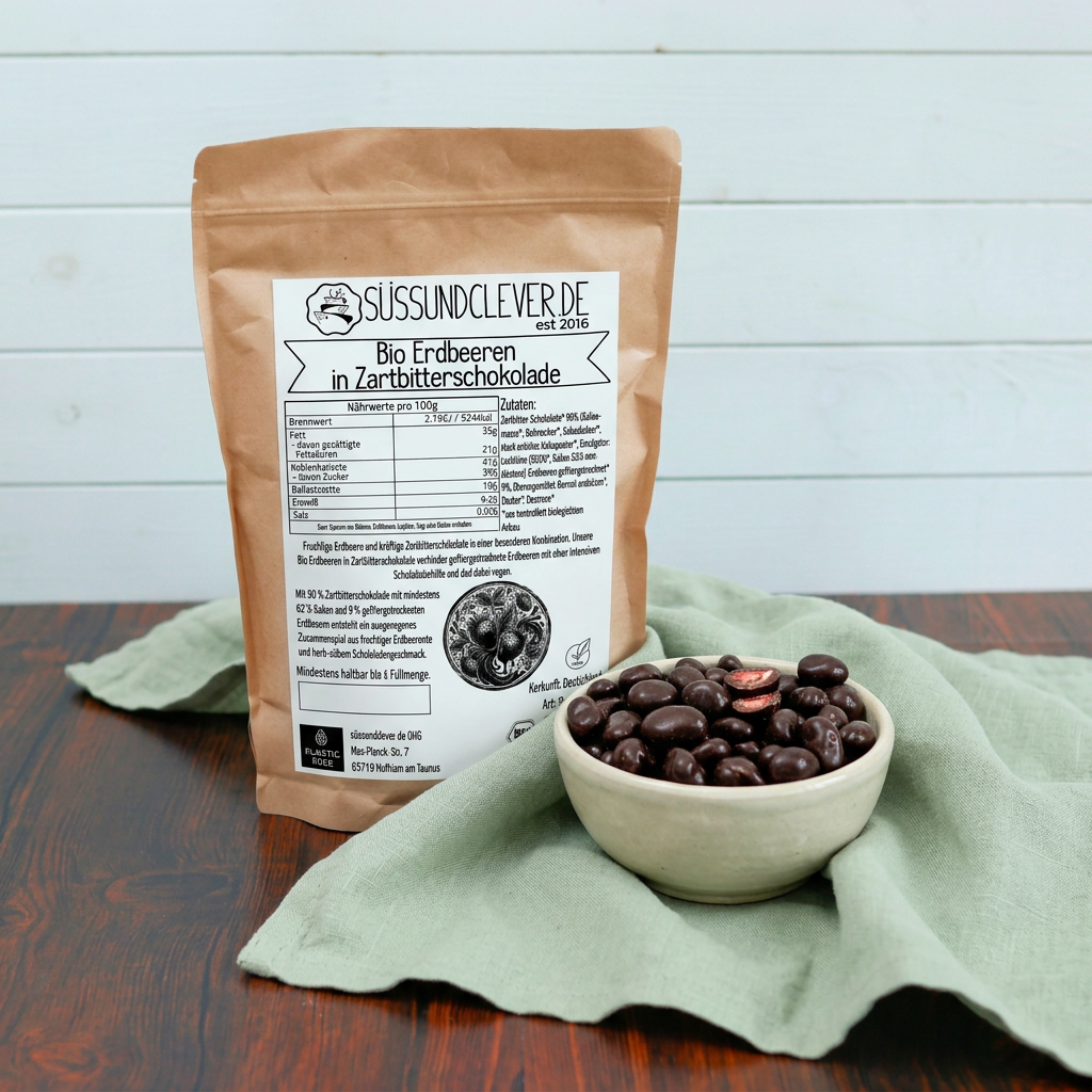 Bio Erdbeeren in Zartbitterschokolade | vegan | mit gefriergetrockneten Erdbeeren