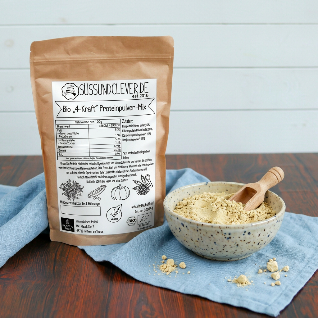 Bio "4-Kraft" Proteinpulver-Mix | Reis-, Erbse-, Hanf- & Kürbiskernprotein | vegan & 75% Protein