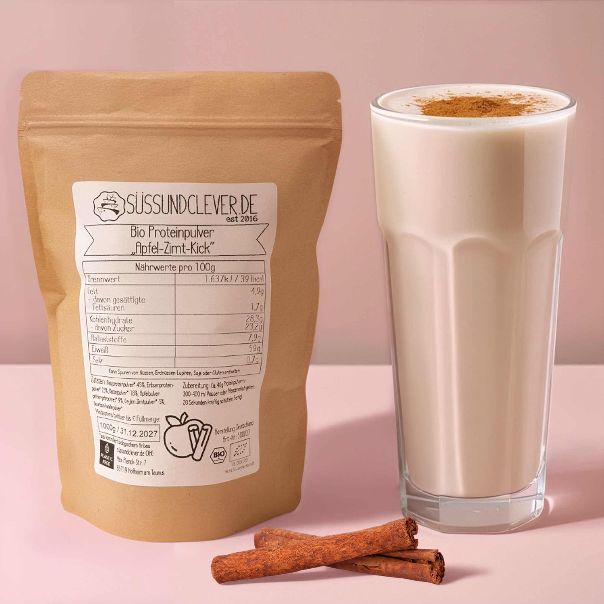 Bio Proteinpulver | "Apfel-Zimt-Kick" | Vegan & 60% Protein | mit Dattelsüße