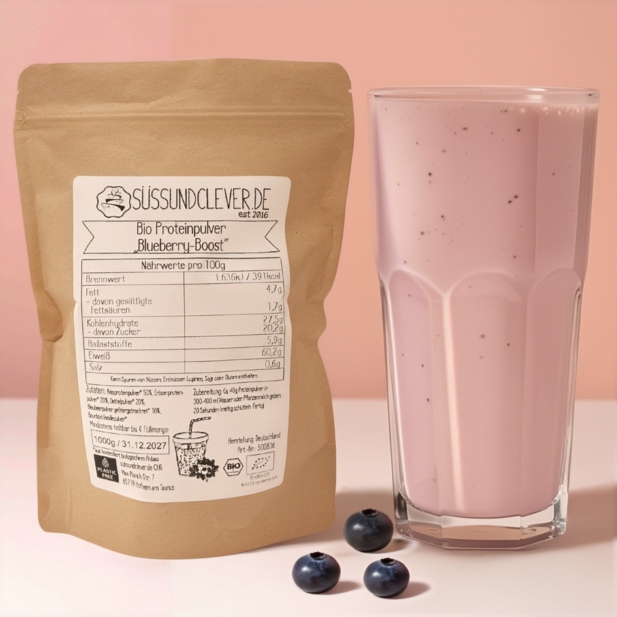 Bio Proteinpulver | "Blueberry-Boost" | Vegan & 60% Protein | mit Dattelsüße